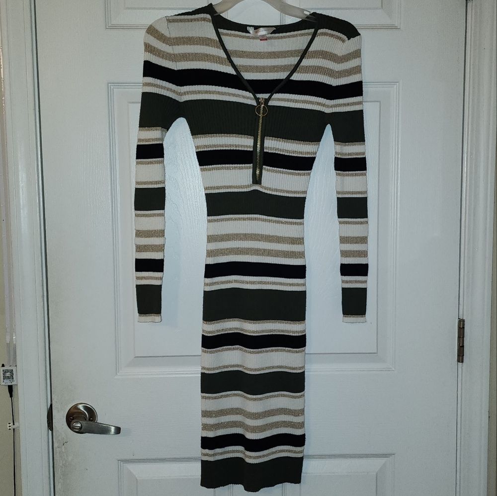 No Boundaries Green, Gold, Cream And Black Ribbed Bodycon Dress